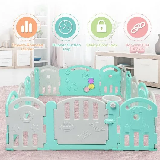 16-Panel Baby Playpen with Music Box & Basketball Hoop-Gray