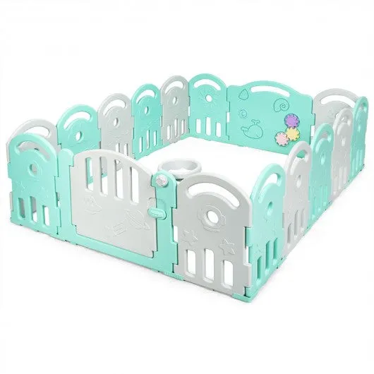 16-Panel Baby Playpen with Music Box & Basketball Hoop-Gray