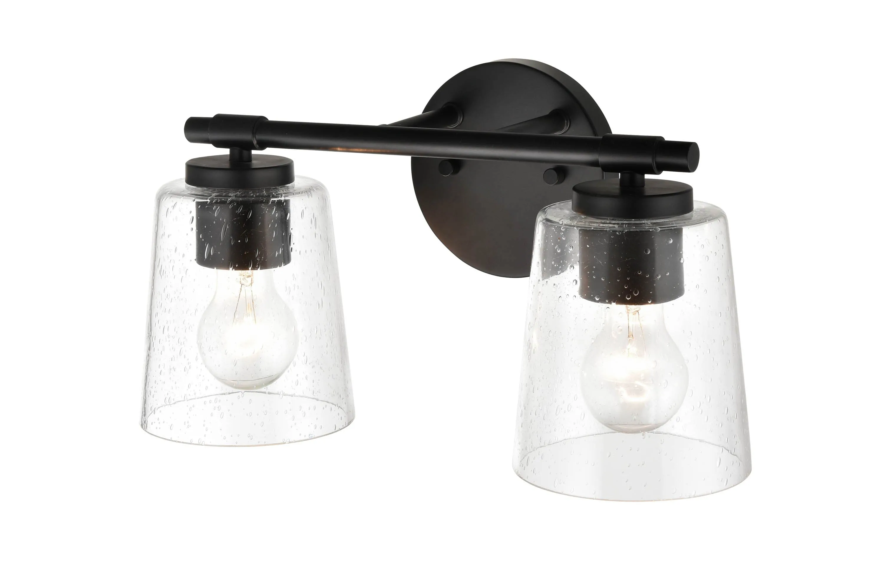 2 Lamps Bathroom Vanity Light - Matte Black - Clear Seeded Glass - 15in. Wide