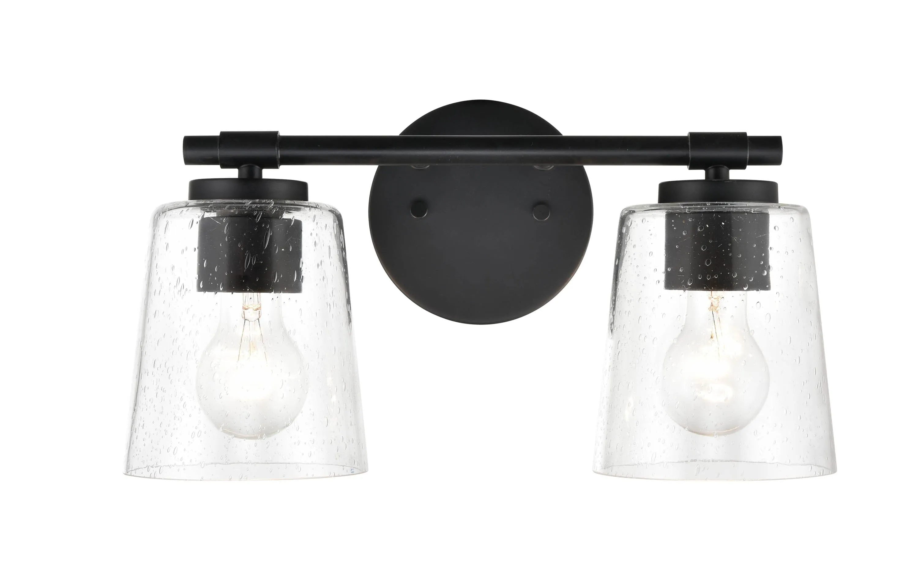 2 Lamps Bathroom Vanity Light - Matte Black - Clear Seeded Glass - 15in. Wide