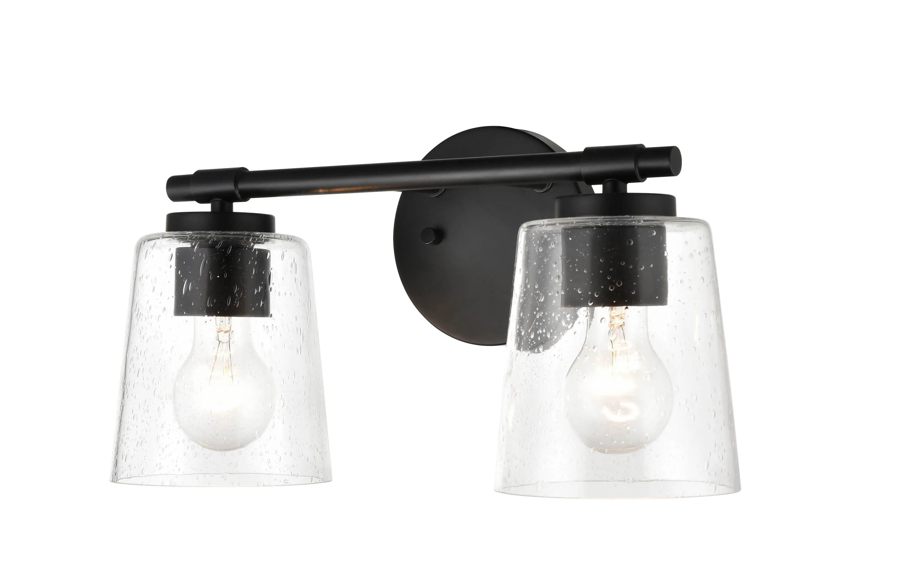 2 Lamps Bathroom Vanity Light - Matte Black - Clear Seeded Glass - 15in. Wide