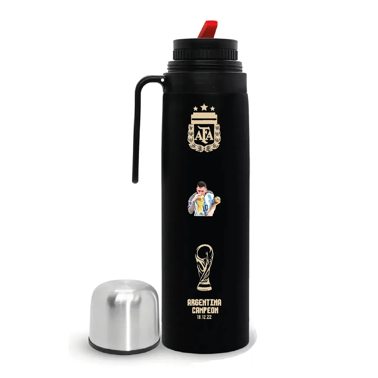 Black Steel Thermos with Half-Handle Featuring Messi Design