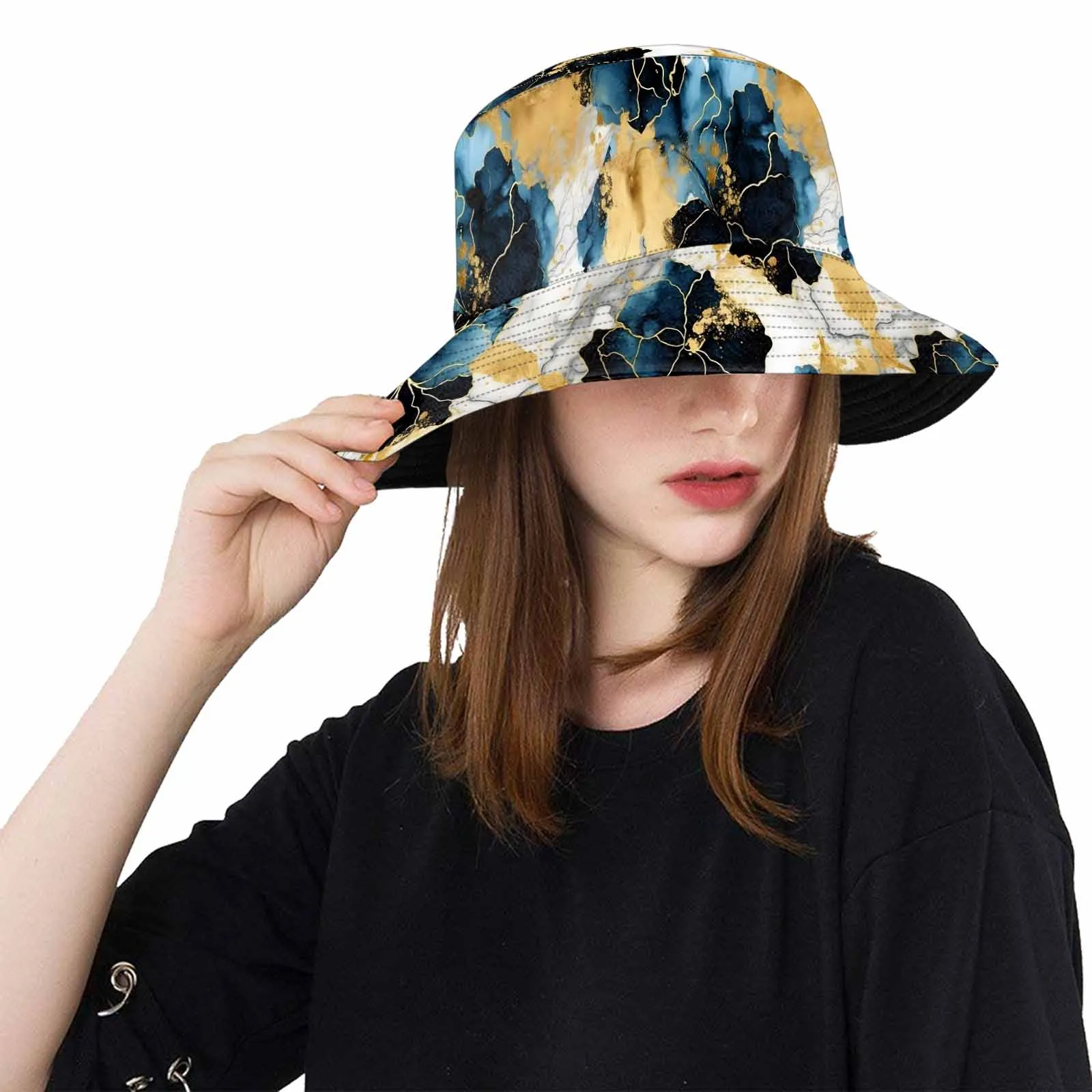 Blue Ink Floral  Unisex Summer Single-Layer Bucket Hat