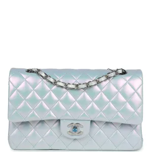 Chanel Medium Classic Double Flap Bag Blue Iridescent Calfskin Silver Hardware