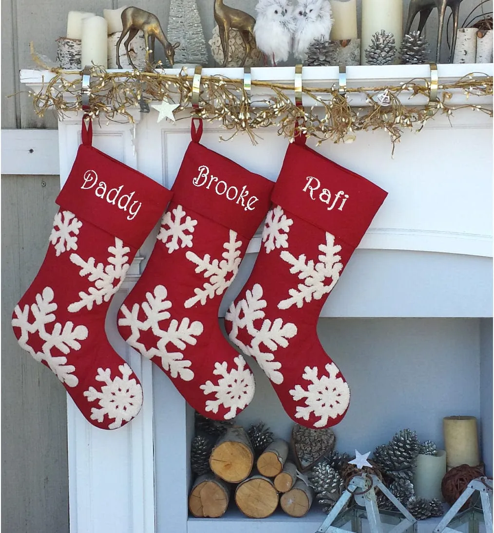 Dark Red Wine Tufted 3D Snowflake Personalized Christmas Stockings Elegant Large Personalized Christmas Stockings Embroidered Monogram Names