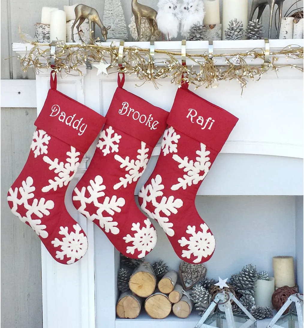 Dark Red Wine Tufted 3D Snowflake Personalized Christmas Stockings Elegant Large Personalized Christmas Stockings Embroidered Monogram Names