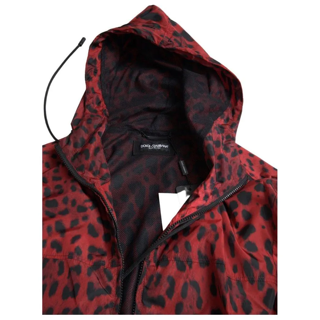 Dolce & Gabbana Red Leopard Hooded Bomber Jacket