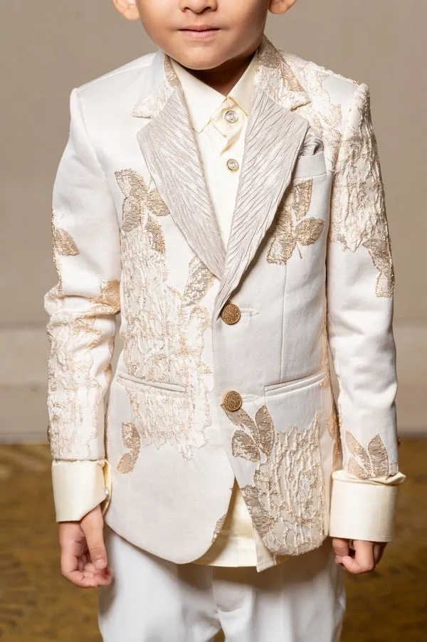 Exquisite off-white and gold embroidered suit for boys, perfect for weddings and festive celebrations