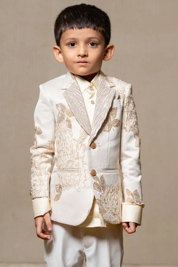 Exquisite off-white and gold embroidered suit for boys, perfect for weddings and festive celebrations