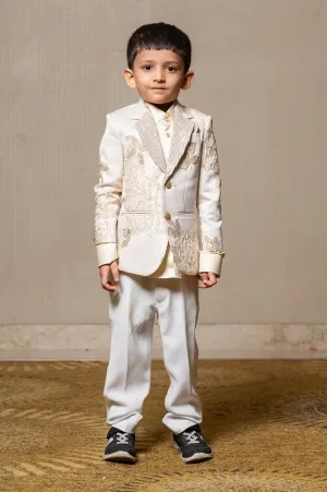 Exquisite off-white and gold embroidered suit for boys, perfect for weddings and festive celebrations