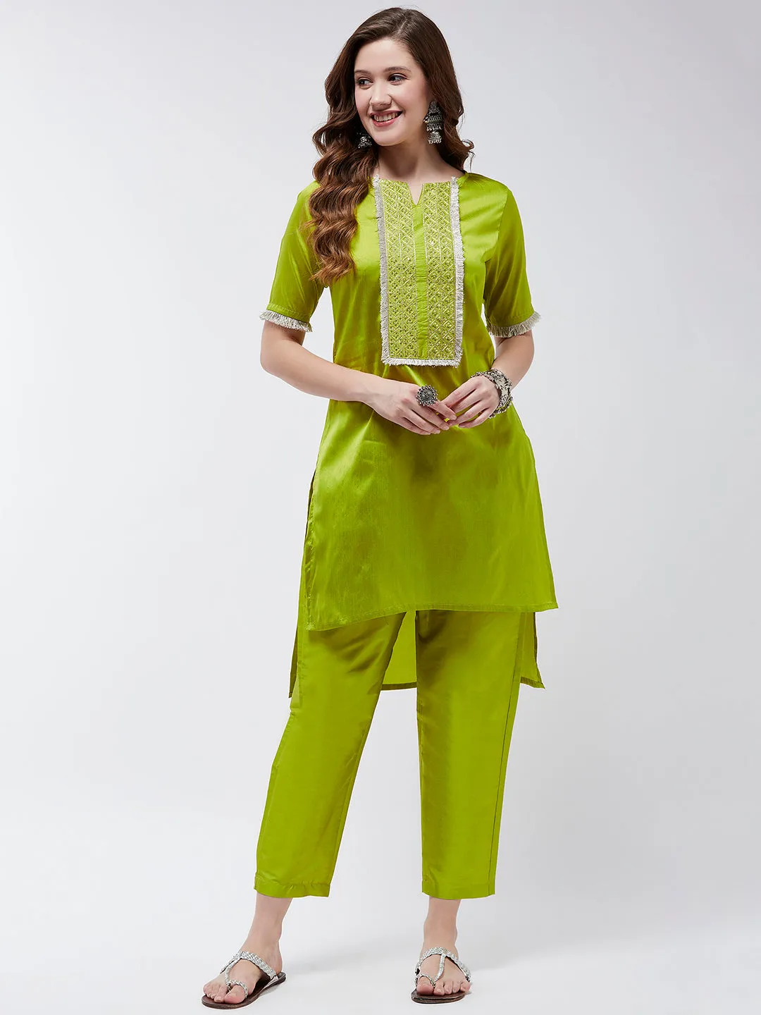 Festive Embroidered High-Low Kurta With Matching Pants