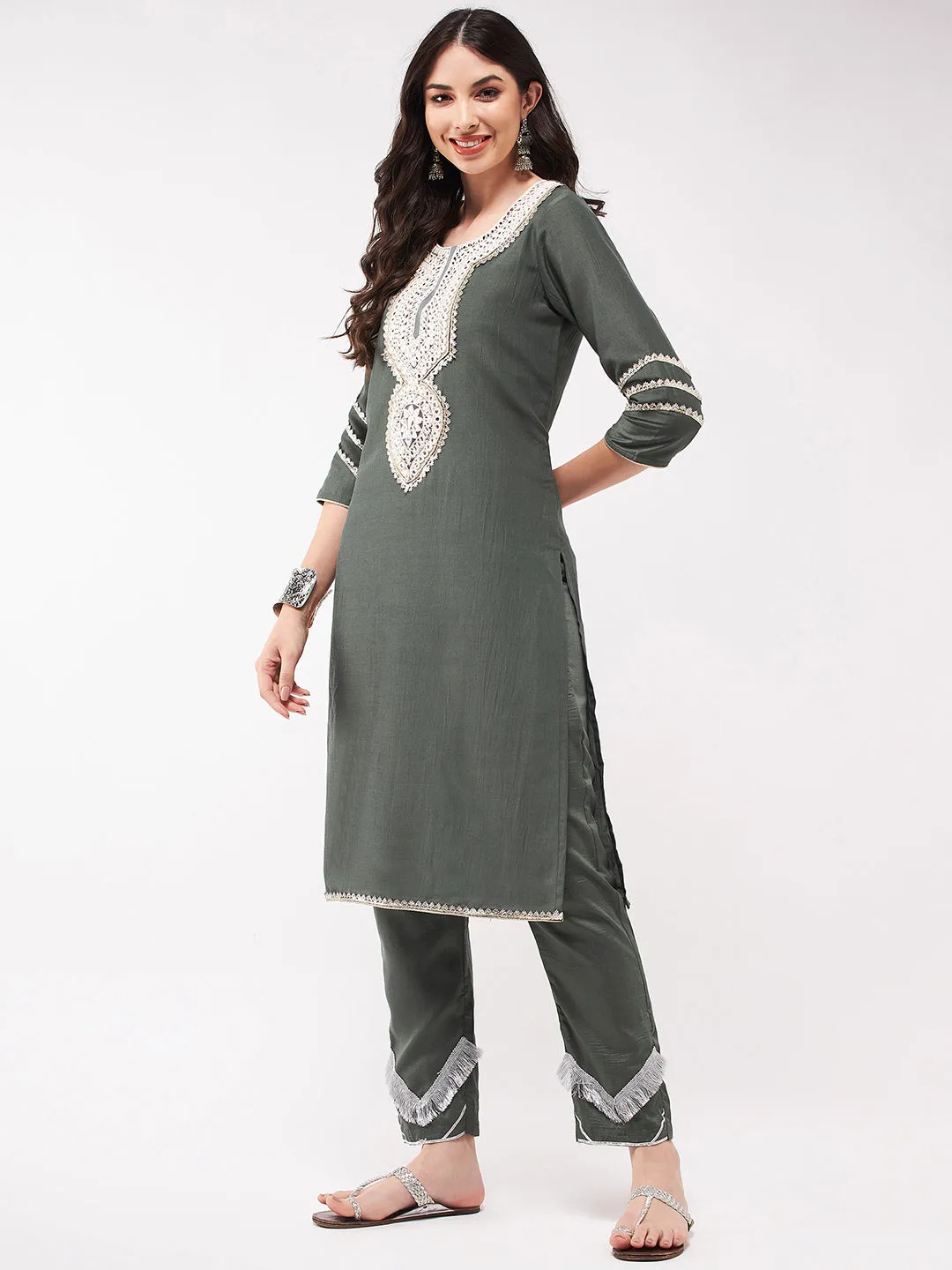 Festive Embroidered Long Neck-Patch Kurta With Laces