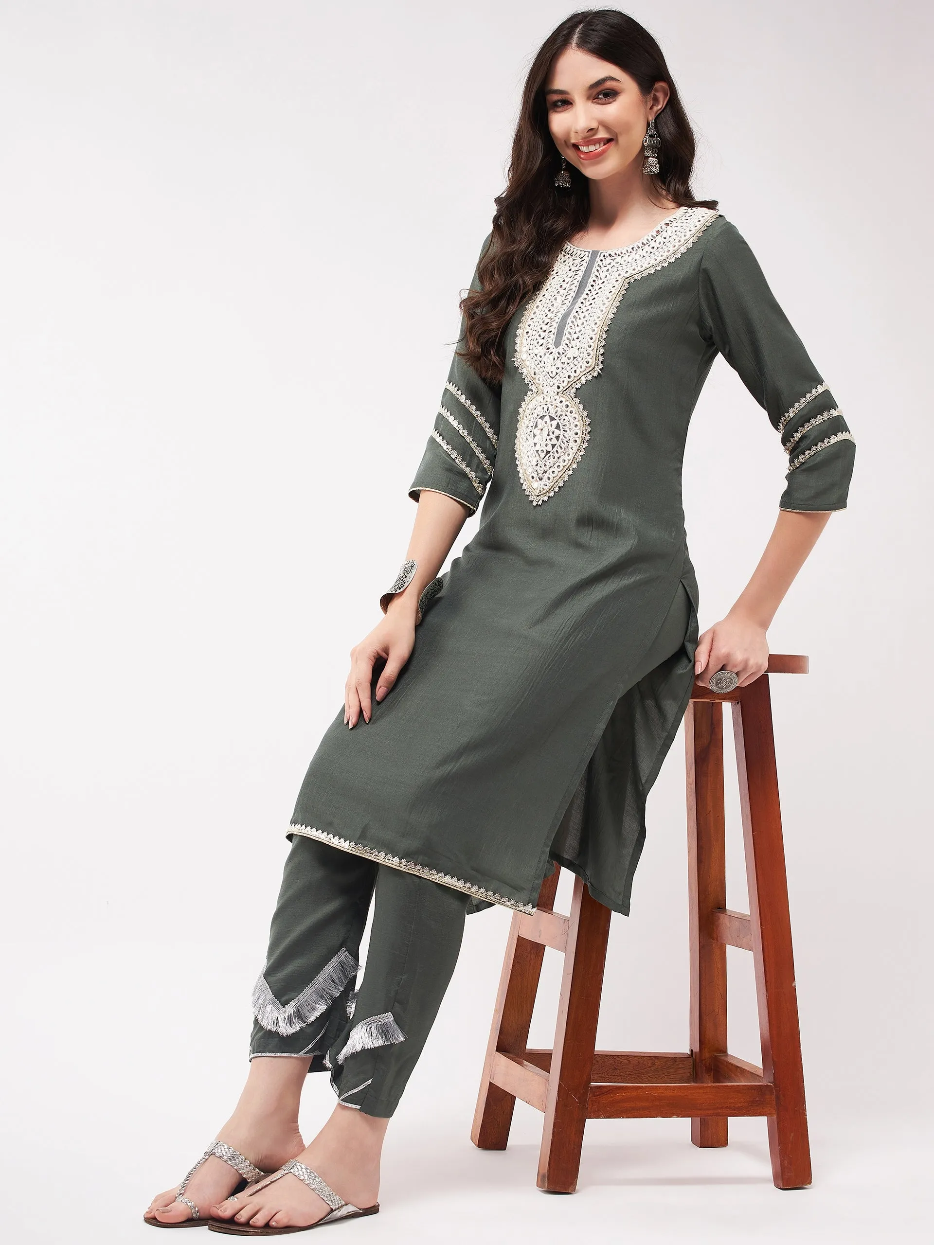 Festive Embroidered Long Neck-Patch Kurta With Laces