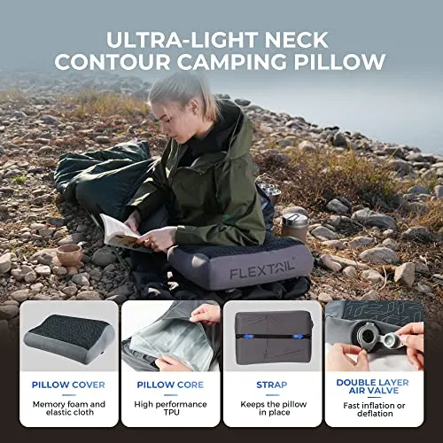 FLEXTAILGEAR Inflatable Camping Pillow Ergonomic Thicken Design, Portable Neck Cervical Travel Pillow Backpacking Gear with Washable Cover for Camping, Hiking, Airplane, Road Trip, Office