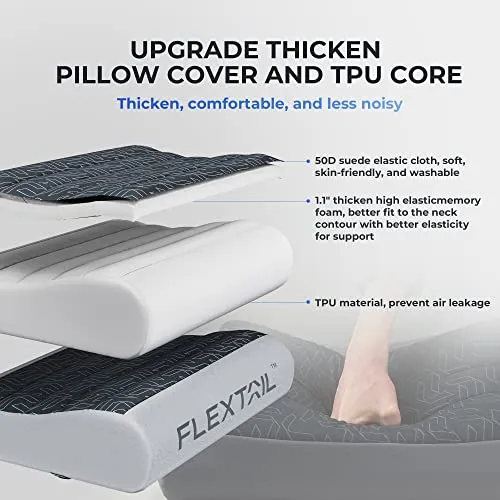 FLEXTAILGEAR Inflatable Camping Pillow Ergonomic Thicken Design, Portable Neck Cervical Travel Pillow Backpacking Gear with Washable Cover for Camping, Hiking, Airplane, Road Trip, Office