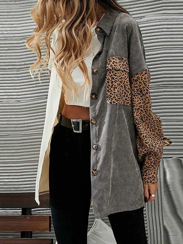 Long Sleeves Loose Buttoned Leopard Pockets Split-Joint Lapel Jackets Outerwear