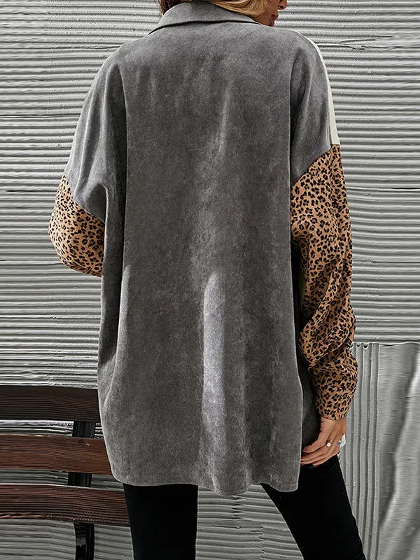 Long Sleeves Loose Buttoned Leopard Pockets Split-Joint Lapel Jackets Outerwear