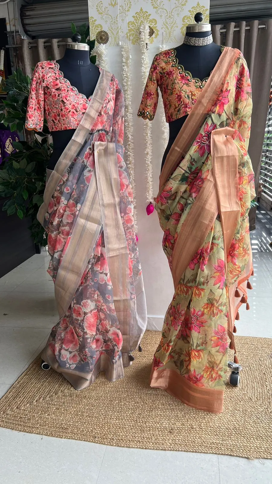 Pista floral organza saree with hand worked blouse