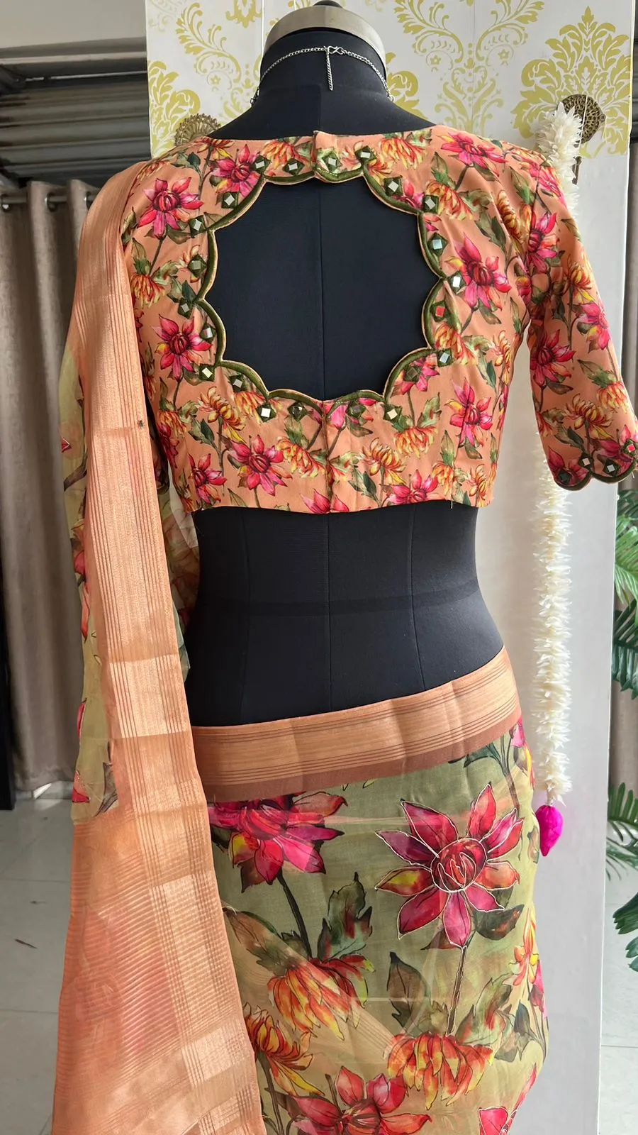 Pista floral organza saree with hand worked blouse