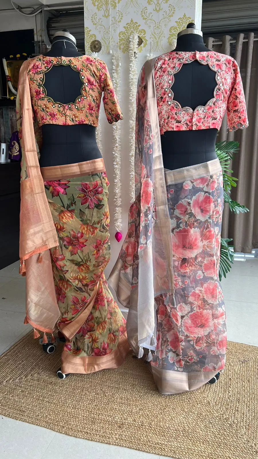 Pista floral organza saree with hand worked blouse