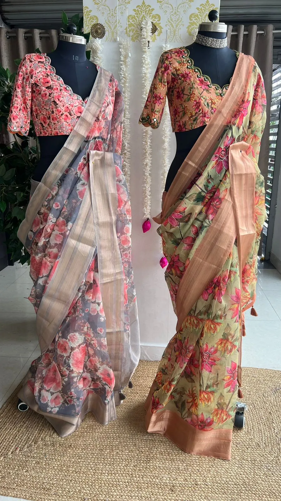 Pista floral organza saree with hand worked blouse