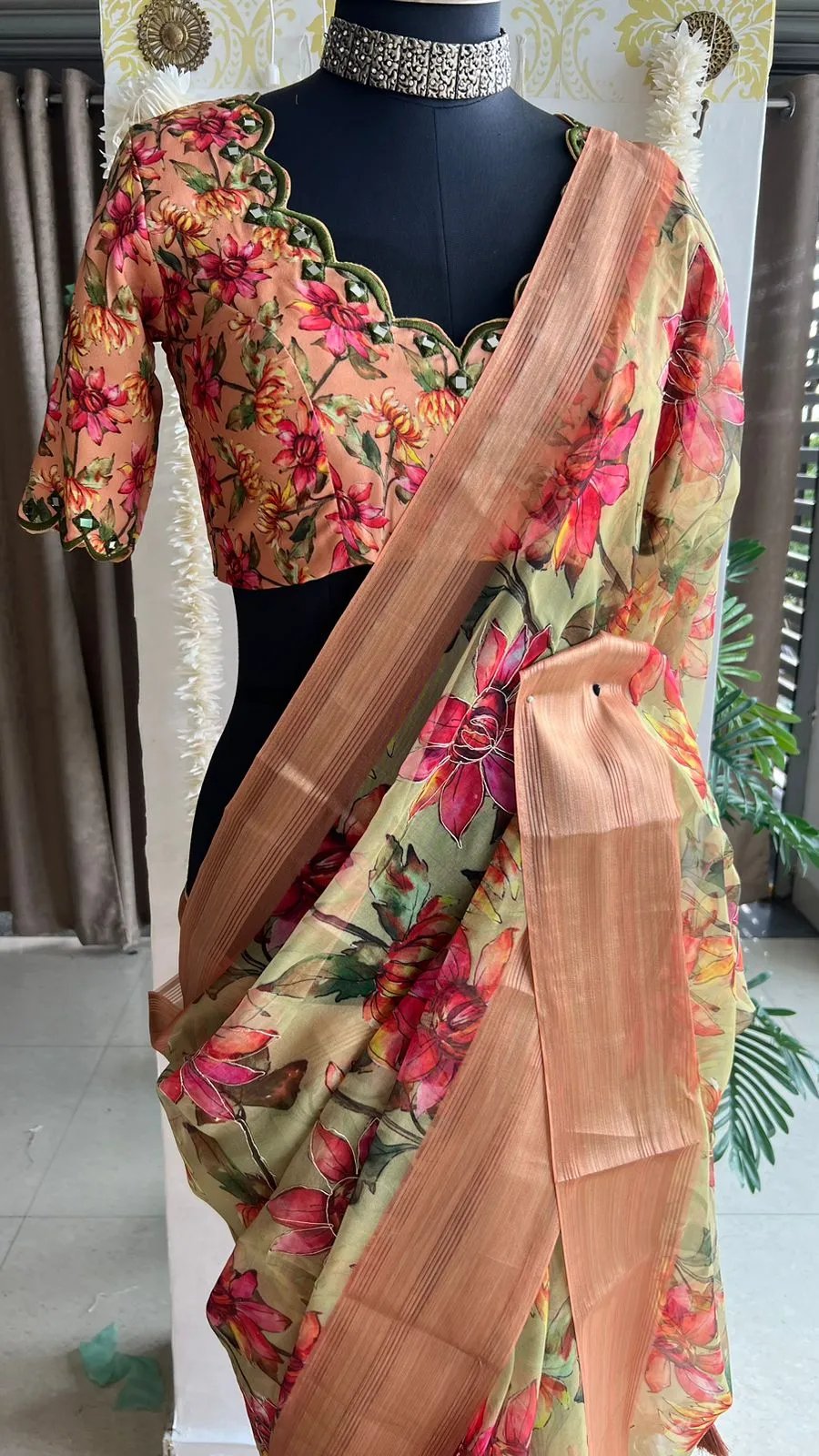 Pista floral organza saree with hand worked blouse