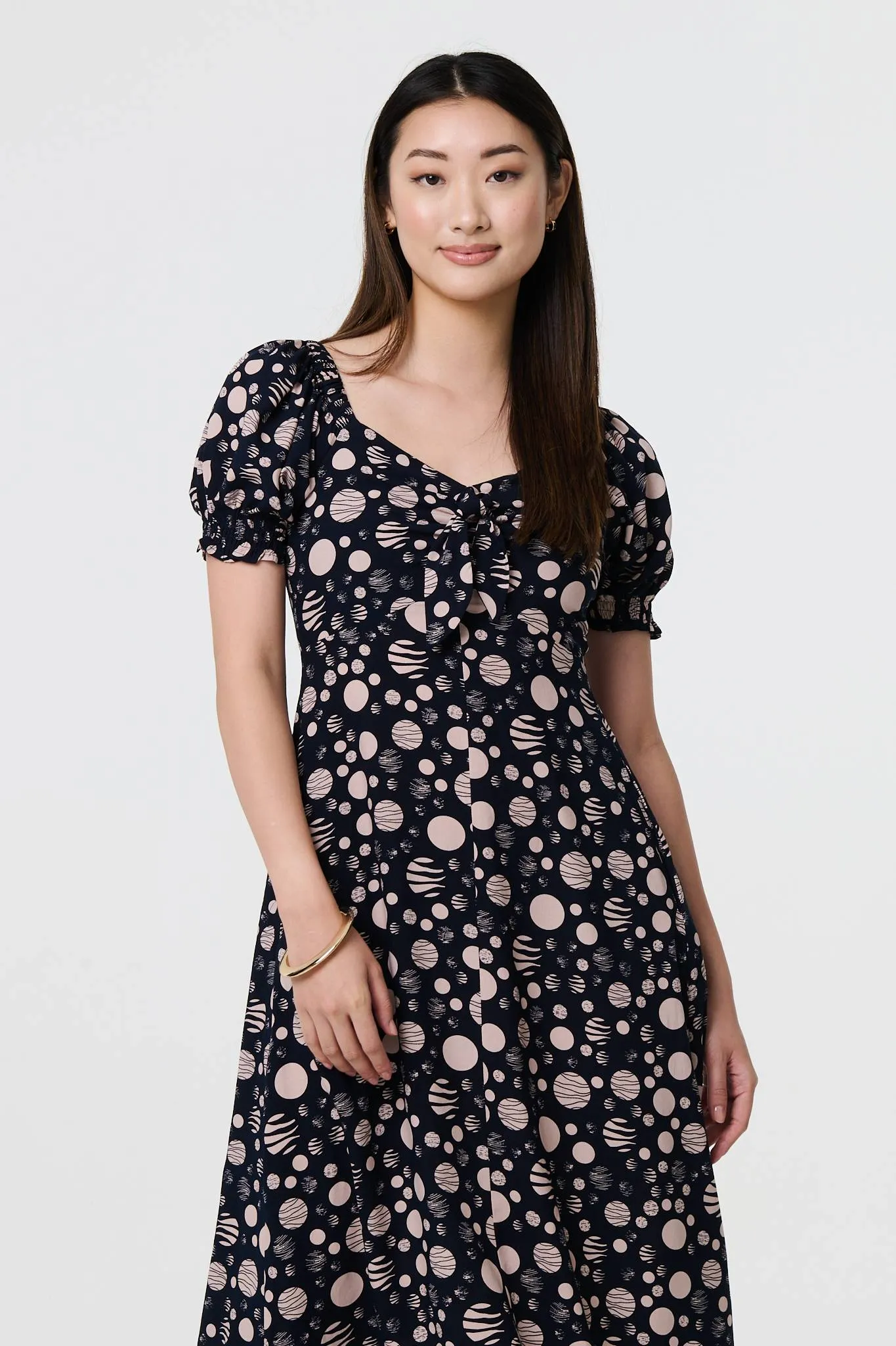 Polka Dot Print Tie Neck Midi Dress