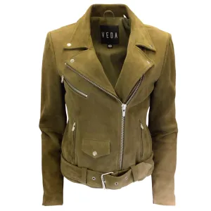 Veda Olive Green Moto Zip Suede Leather Jacket